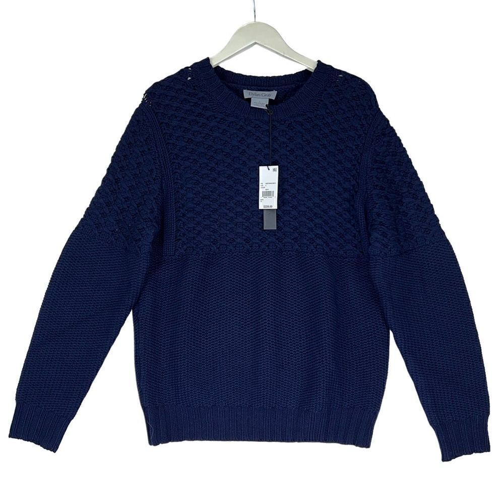 Dylan Gray Men Navy Merino Wool Sweater Cabled Yoke Pullover US XL MSRP $228